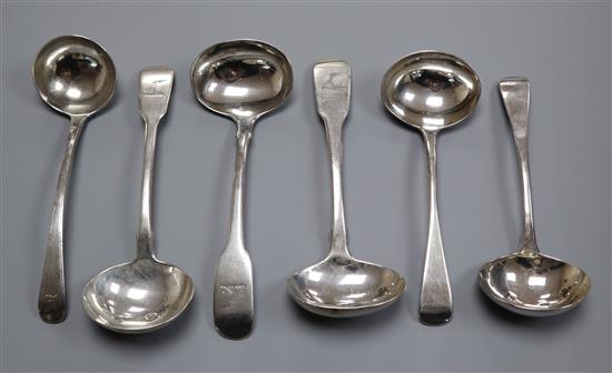 Two pairs of 19th century silver sauce ladles, London, 1820 and 1829 and two others including an 18th century silver sauce ladle 11 oz.